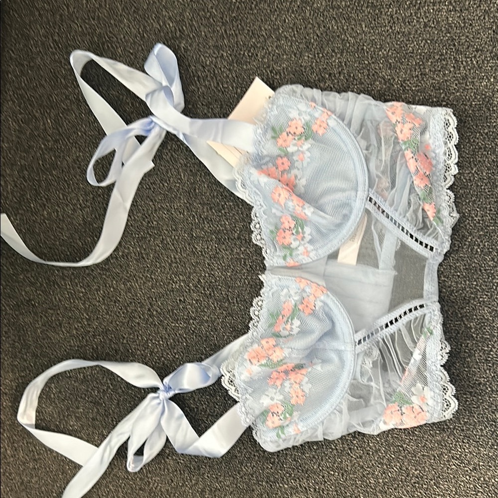 Xhilaration Blue and Pink Lace Bra with Floral Embroidery